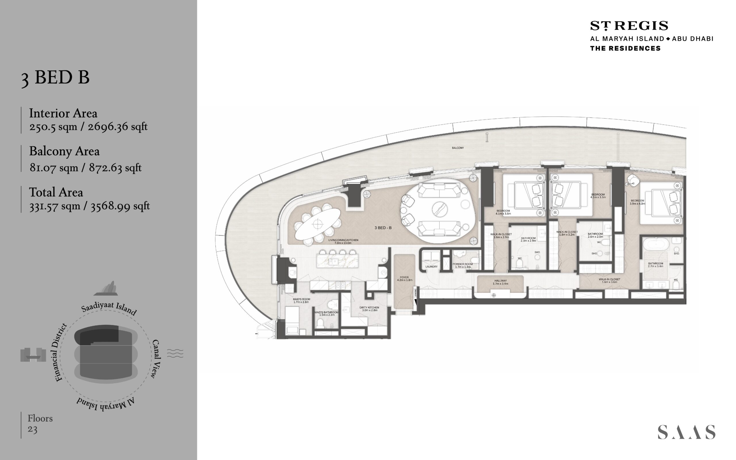 3 bedroom B residence floor plan at St. Regis Al Maryah Island