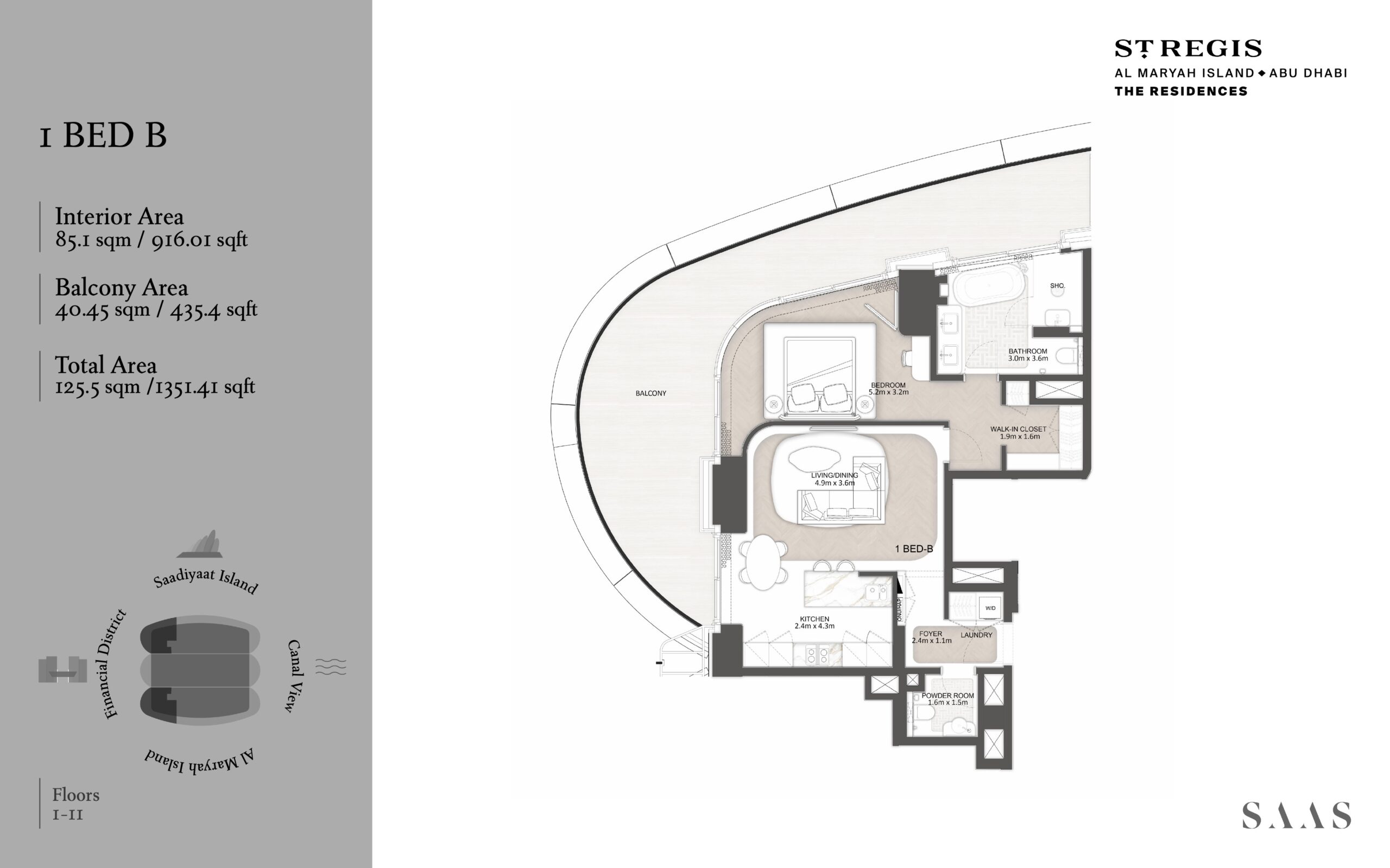 1 bedroom B residence floor plan at St. Regis Al Maryah Island