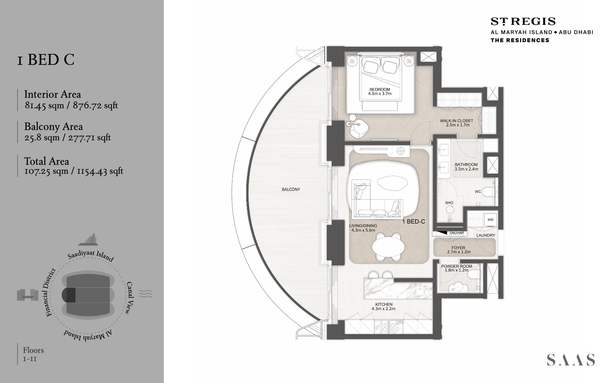 1 bedroom C residence floor plan at St. Regis Al Maryah Island