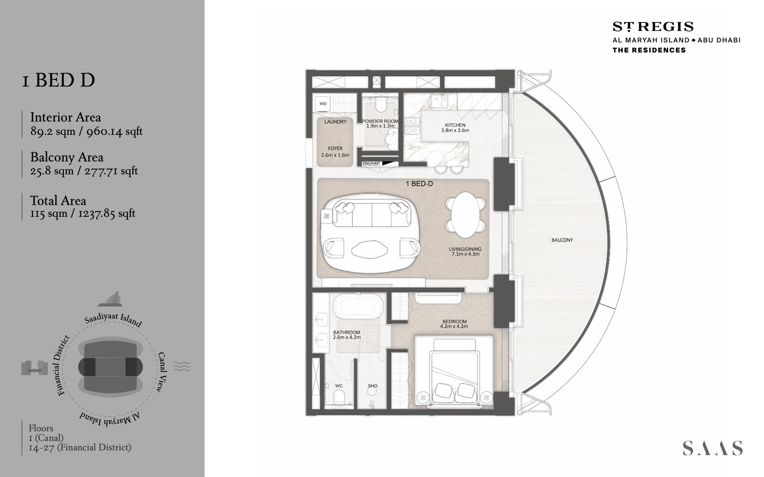 1 bedroom D residence floor plan at St. Regis Al Maryah Island