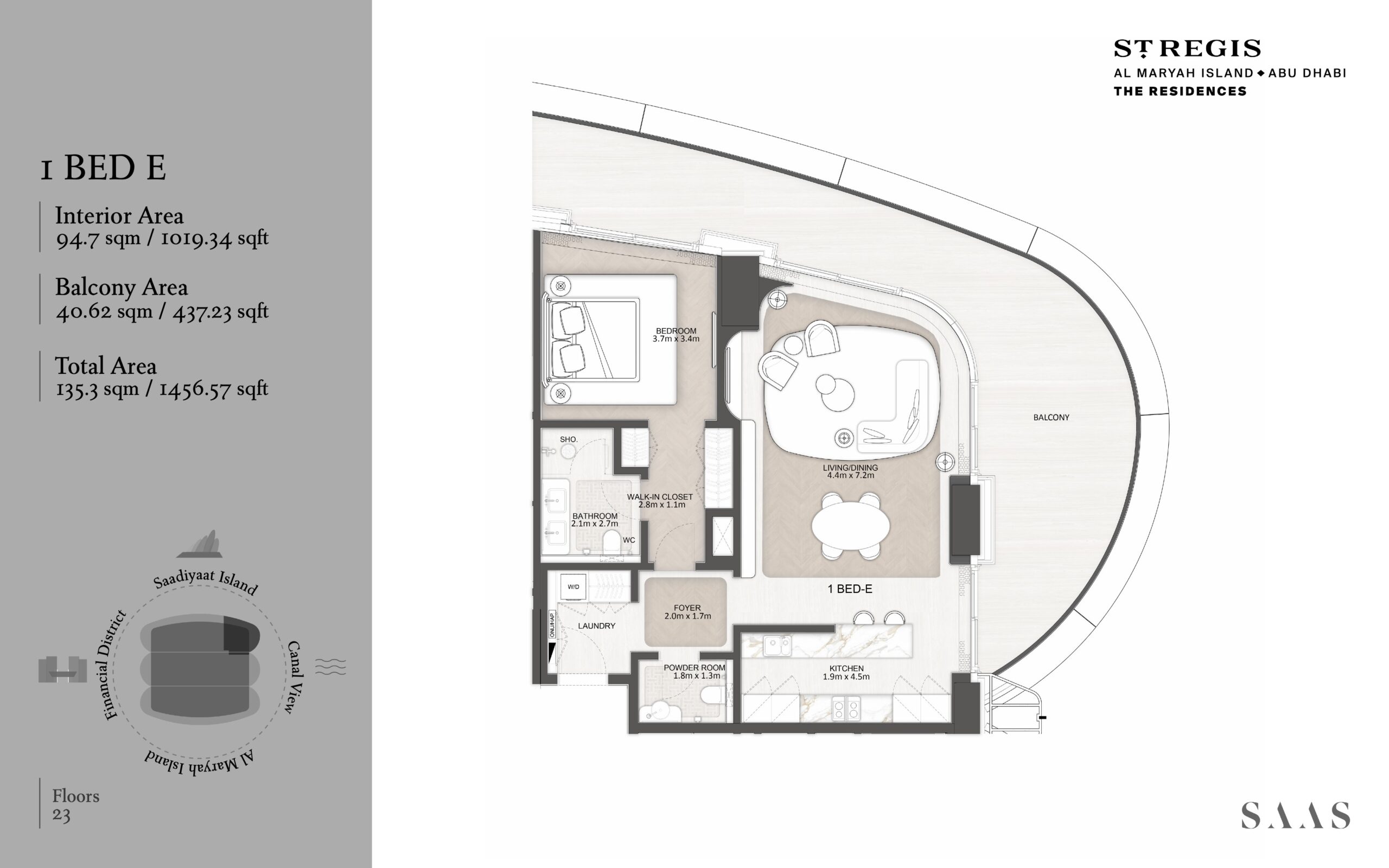 1 bedroom E residence floor plan at St. Regis Al Maryah Island