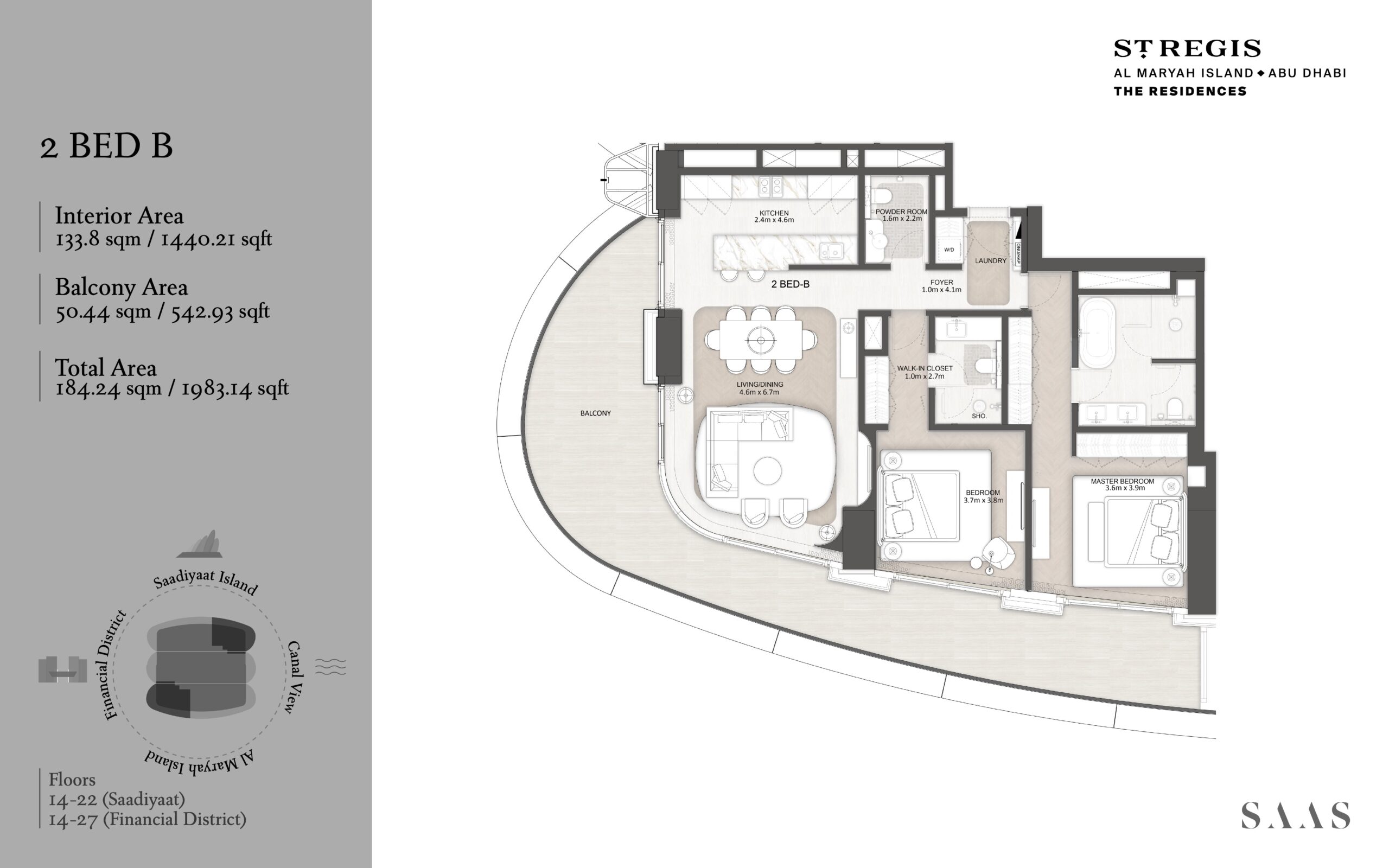 2 bedroom B residence floor plan at St. Regis Al Maryah Island