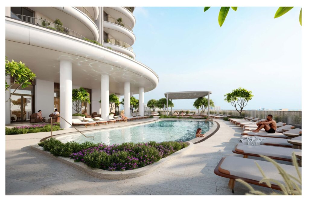 Waterfront infinity pool with skyline views at St. Regis Residences Al Maryah Island
